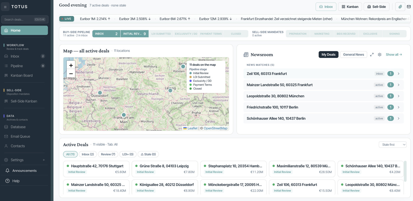 TOTUS Invest: cockpit with a map of all active deals, newsroom and pipeline stages at a glance