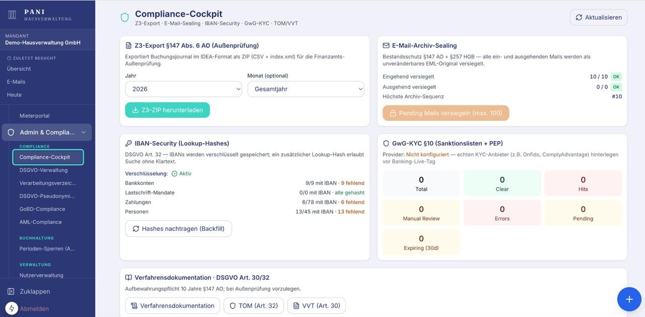 PANI Hausverwaltung: Compliance-Cockpit mit Z3-Export nach § 147 AO, E-Mail-Archiv-Sealing, IBAN-Security, GwG-KYC und Verfahrensdokumentation nach DSGVO