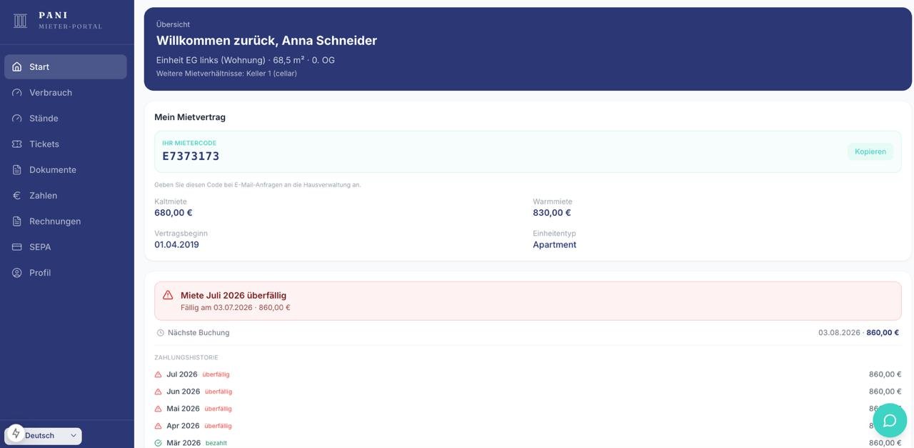 PANI Hausverwaltung: Mieter-Portal mit Mietvertrag, Mietercode, Zahlungshistorie, Tickets, Dokumenten und SEPA-Mandat