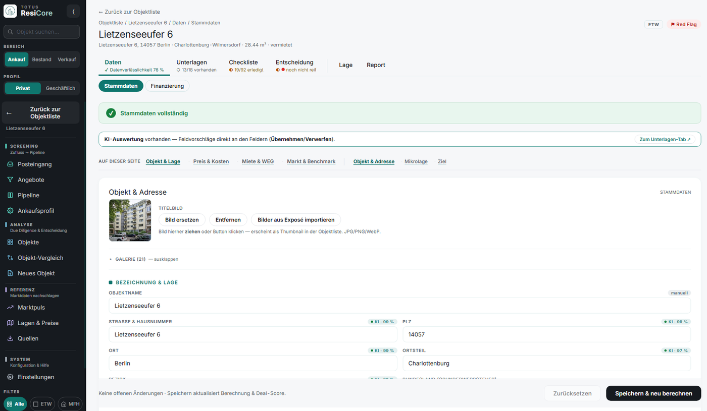 TOTUS ResiCore, property view with deal score and key figures